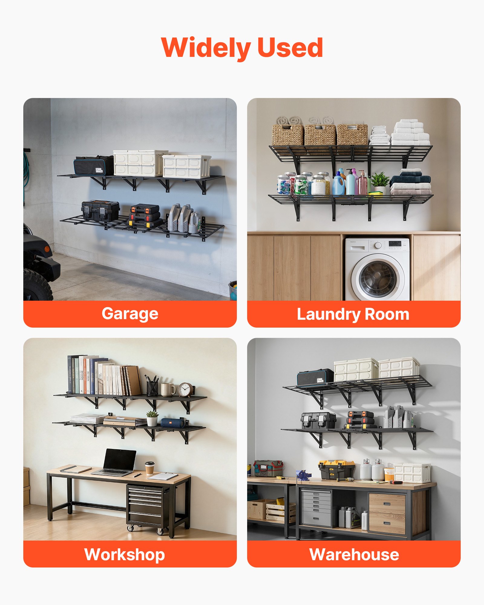 VEVOR 2-Tier Heavy Duty Wall Garage Shelving, 4 Pack 610 x 914 mm Steel Wall Mounted Shelving Unit, 610 x 1828 mm Per Shelf Floating Storage Metal Rack for Garage, 725 kg Total Weight Capacity, Black