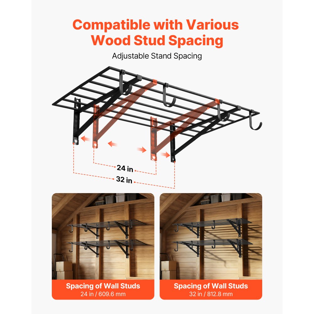 VEVOR 2-Tier Heavy Duty Wall Garage Shelving, 2 x 4 ft Steel Wall Mounted Shelving Unit with Hooks, 24 x 48 Inch Per Shelf Floating Storage Metal Rack for Garage, 520 lbs Total Weight Capacity, Black