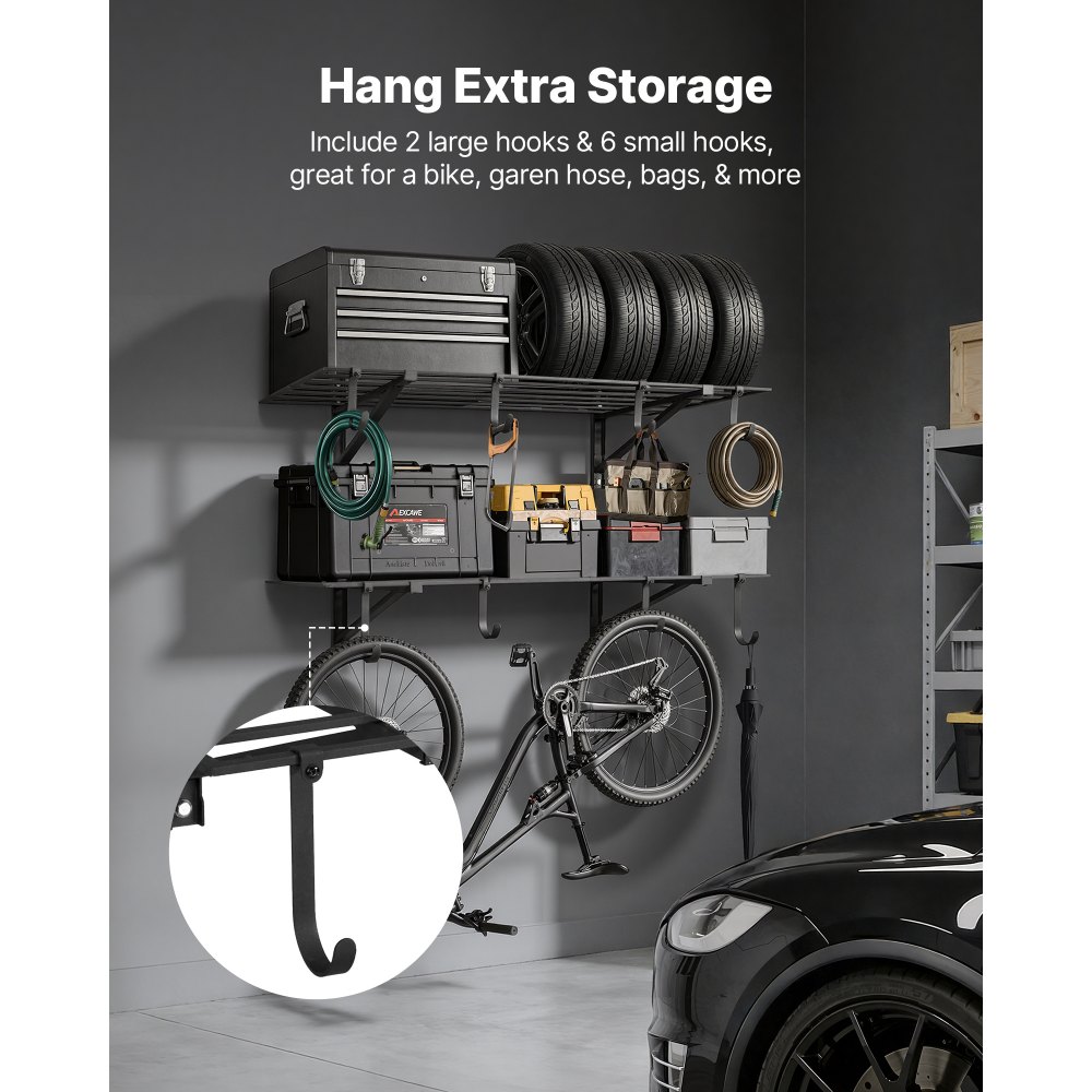 VEVOR 2-Tier Heavy Duty Wall Garage Shelving, 2 x 4 ft Steel Wall Mounted Shelving Unit with Hooks, 24 x 48 Inch Per Shelf Floating Storage Metal Rack for Garage, 520 lbs Total Weight Capacity, Black