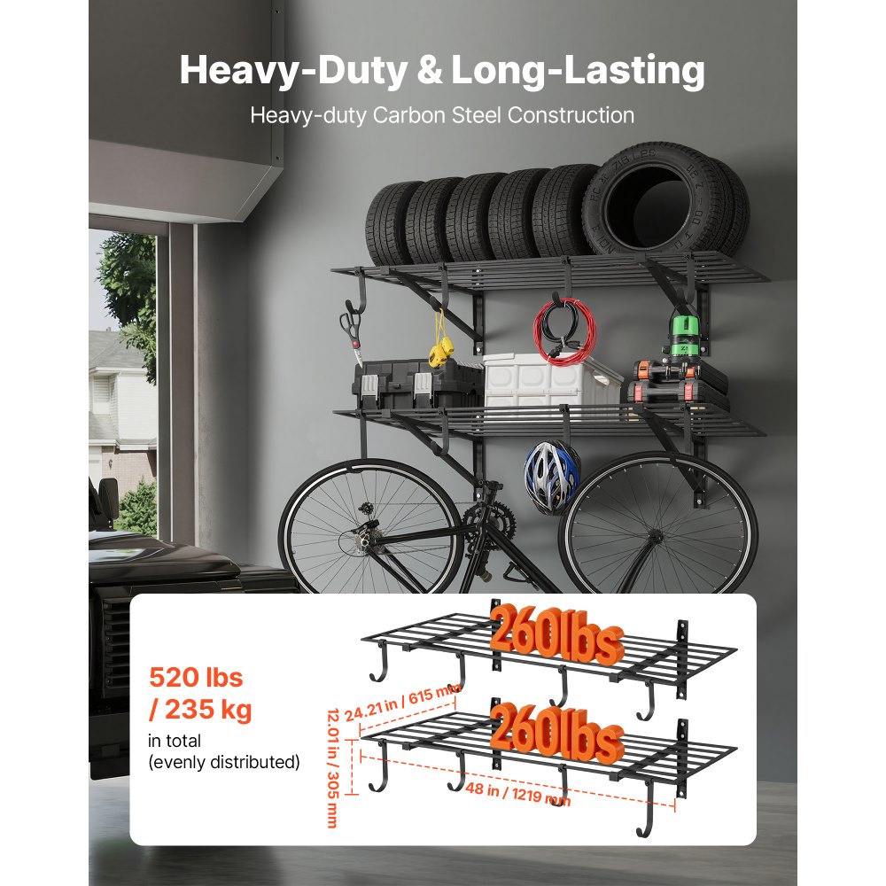 VEVOR 2-Tier Heavy Duty Wall Garage Shelving, 61 x 122 cm Steel Wall Mounted Shelving Unit with Hooks, 610 x 1219 mm Per Shelf Floating Storage Metal Rack with 235 kg Total Weight Capacity, Black