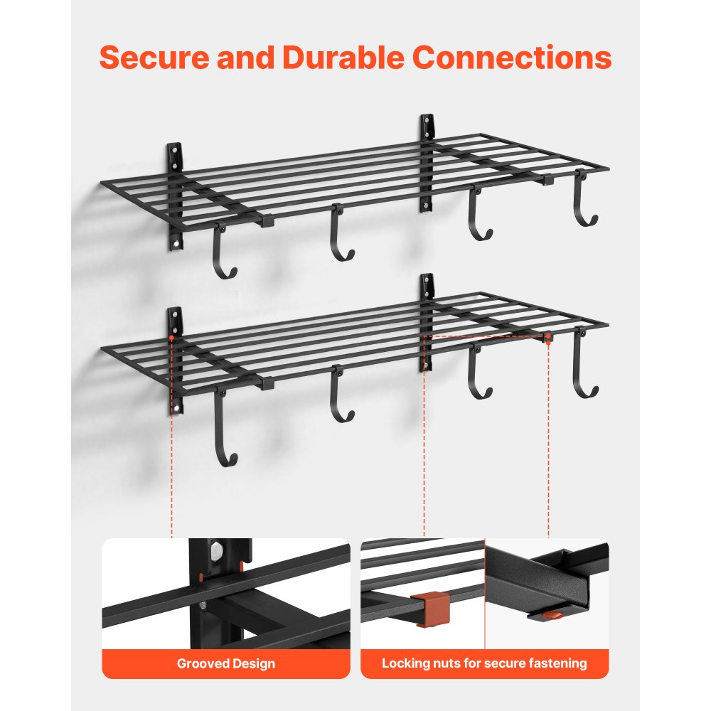 VEVOR 2-Tier Heavy Duty Wall Garage Shelving, 61 x 122 cm Steel Wall Mounted Shelving Unit with Hooks, 610 x 1219 mm Per Shelf Floating Storage Metal Rack with 235 kg Total Weight Capacity, Black