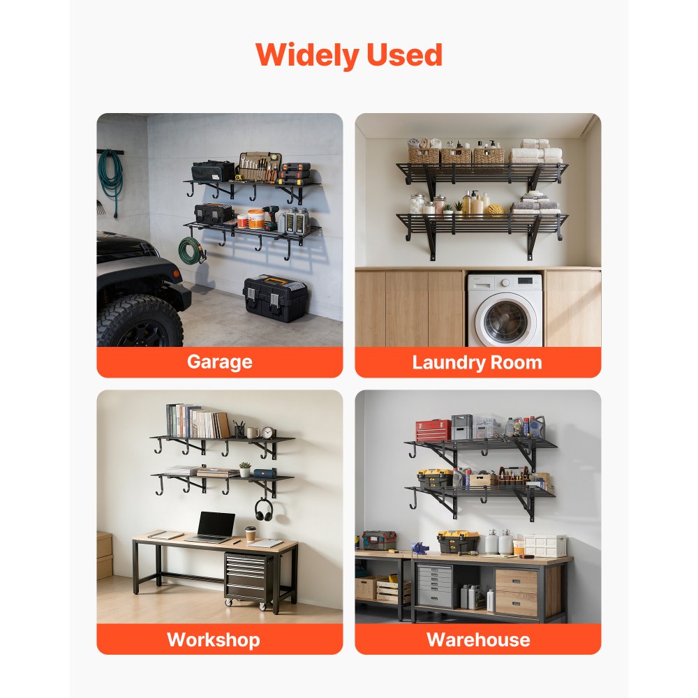 VEVOR 2-Tier Heavy Duty Wall Garage Shelving, 61 x 122 cm Steel Wall Mounted Shelving Unit with Hooks, 610 x 1219 mm Per Shelf Floating Storage Metal Rack with 235 kg Total Weight Capacity, Black