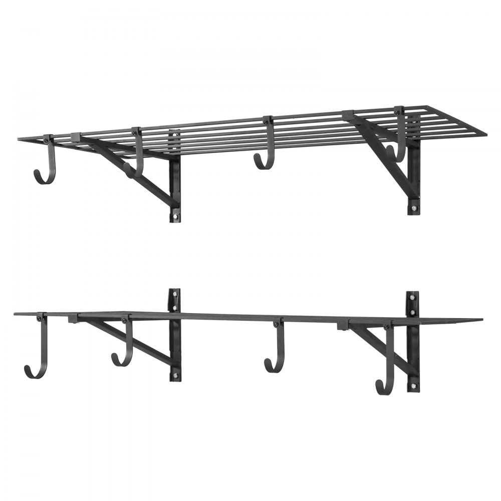 VEVOR 2-Tier Heavy Duty Wall Garage Shelving, 61 x 122 cm Steel Wall Mounted Shelving Unit with Hooks, 610 x 1219 mm Per Shelf Floating Storage Metal Rack with 235 kg Total Weight Capacity, Black