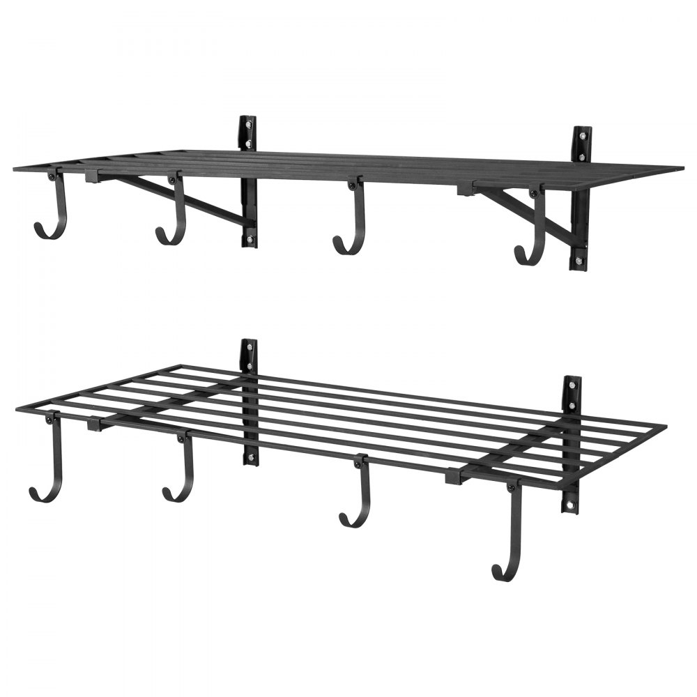 VEVOR 2-Tier Heavy Duty Wall Garage Shelving, 61 x 122 cm Steel Wall Mounted Shelving Unit with Hooks, 610 x 1219 mm Per Shelf Floating Storage Metal Rack with 235 kg Total Weight Capacity, Black