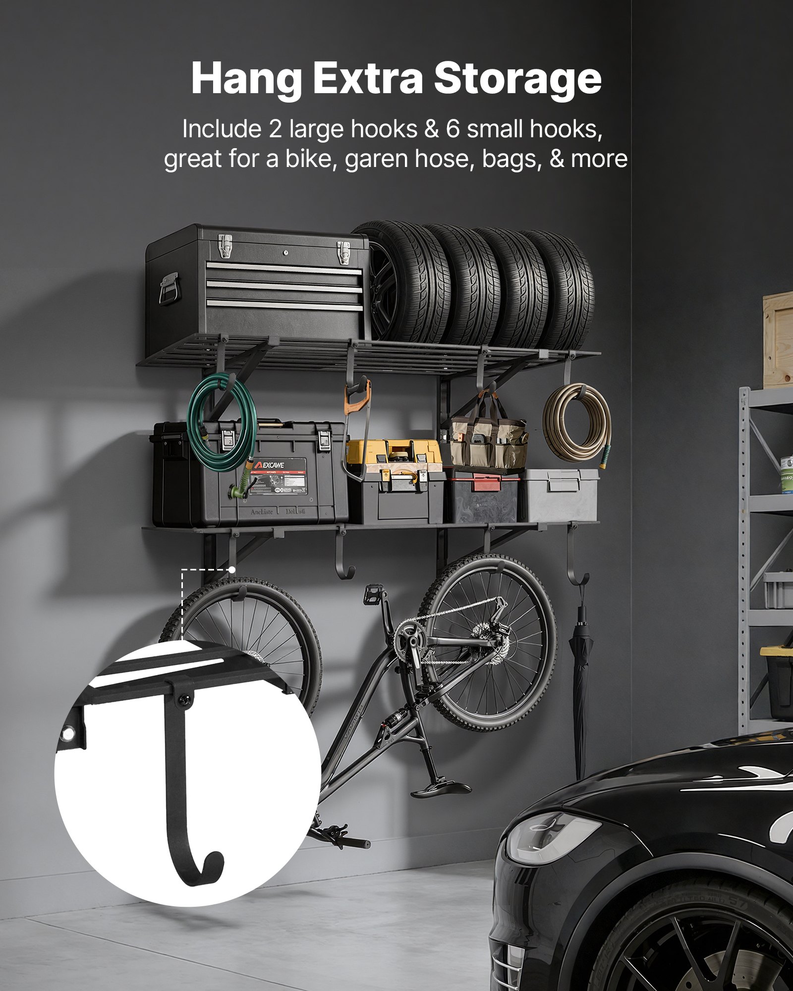 VEVOR 2-Tier Heavy Duty Wall Garage Shelving, 2 x 4 ft Steel Wall Mounted Shelving Unit with Hooks, 24 x 48 Inch Per Shelf Floating Storage Metal Rack for Garage, 520 lbs Total Weight Capacity, Black