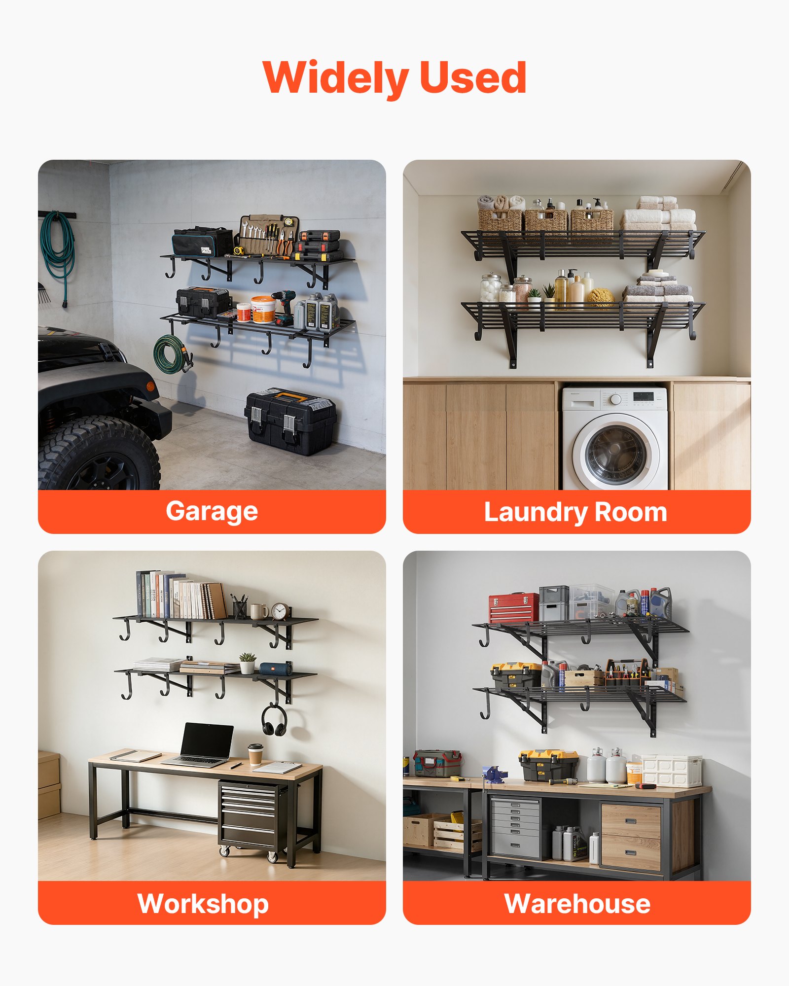 VEVOR 2-Tier Heavy Duty Wall Garage Shelving, 2 x 4 ft Steel Wall Mounted Shelving Unit with Hooks, 24 x 48 Inch Per Shelf Floating Storage Metal Rack for Garage, 520 lbs Total Weight Capacity, Black