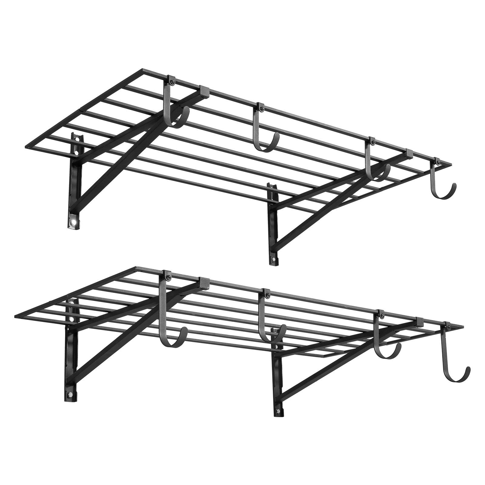 VEVOR 2-Tier Heavy Duty Wall Garage Shelving, 2 x 4 ft Steel Wall Mounted Shelving Unit with Hooks, 24 x 48 Inch Per Shelf Floating Storage Metal Rack for Garage, 520 lbs Total Weight Capacity, Black