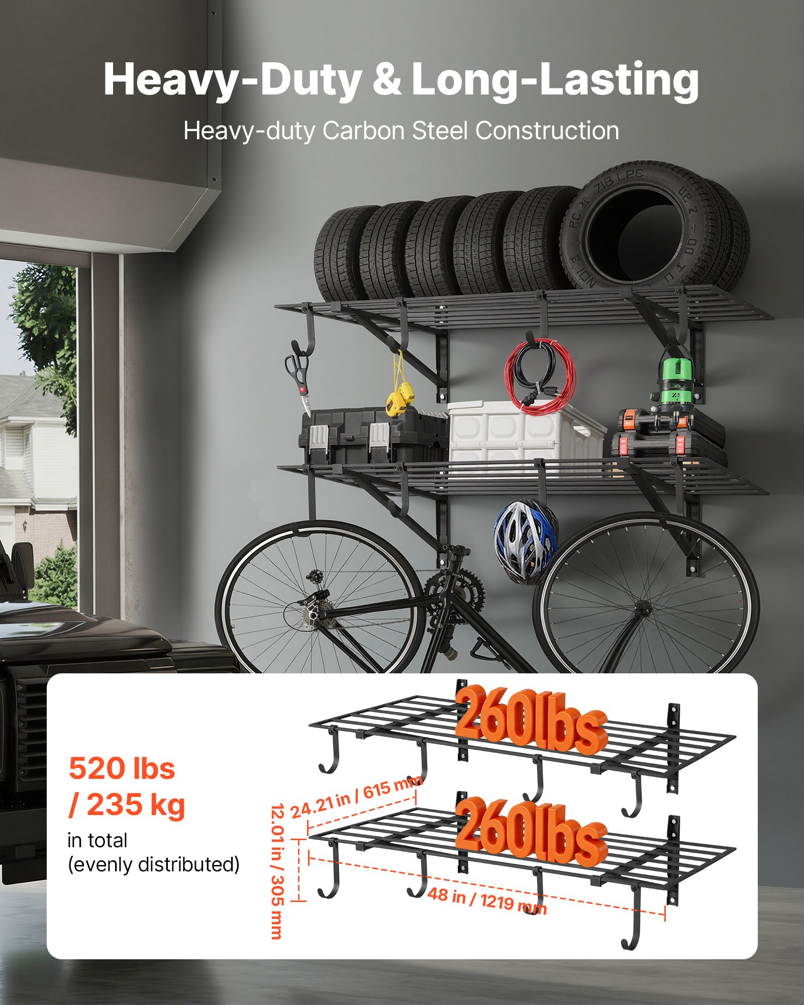 VEVOR 2-Tier Heavy Duty Wall Garage Shelving, 61 x 122 cm Steel Wall Mounted Shelving Unit with Hooks, 610 x 1219 mm Per Shelf Floating Storage Metal Rack with 235 kg Total Weight Capacity, Black