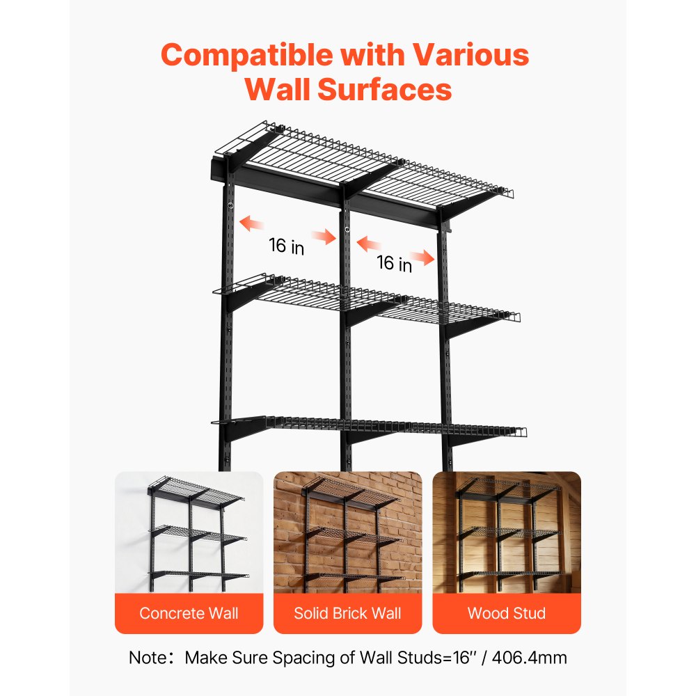VEVOR 3-Tier Heavy Duty Wall Garage Shelving, 0.9 x 3 ft Steel Wall Mounted Shelving Unit, 11 x 36 Inch Per Shelf Floating Storage Metal Rack for Garage with 450 lbs Total Weight Capacity, Black