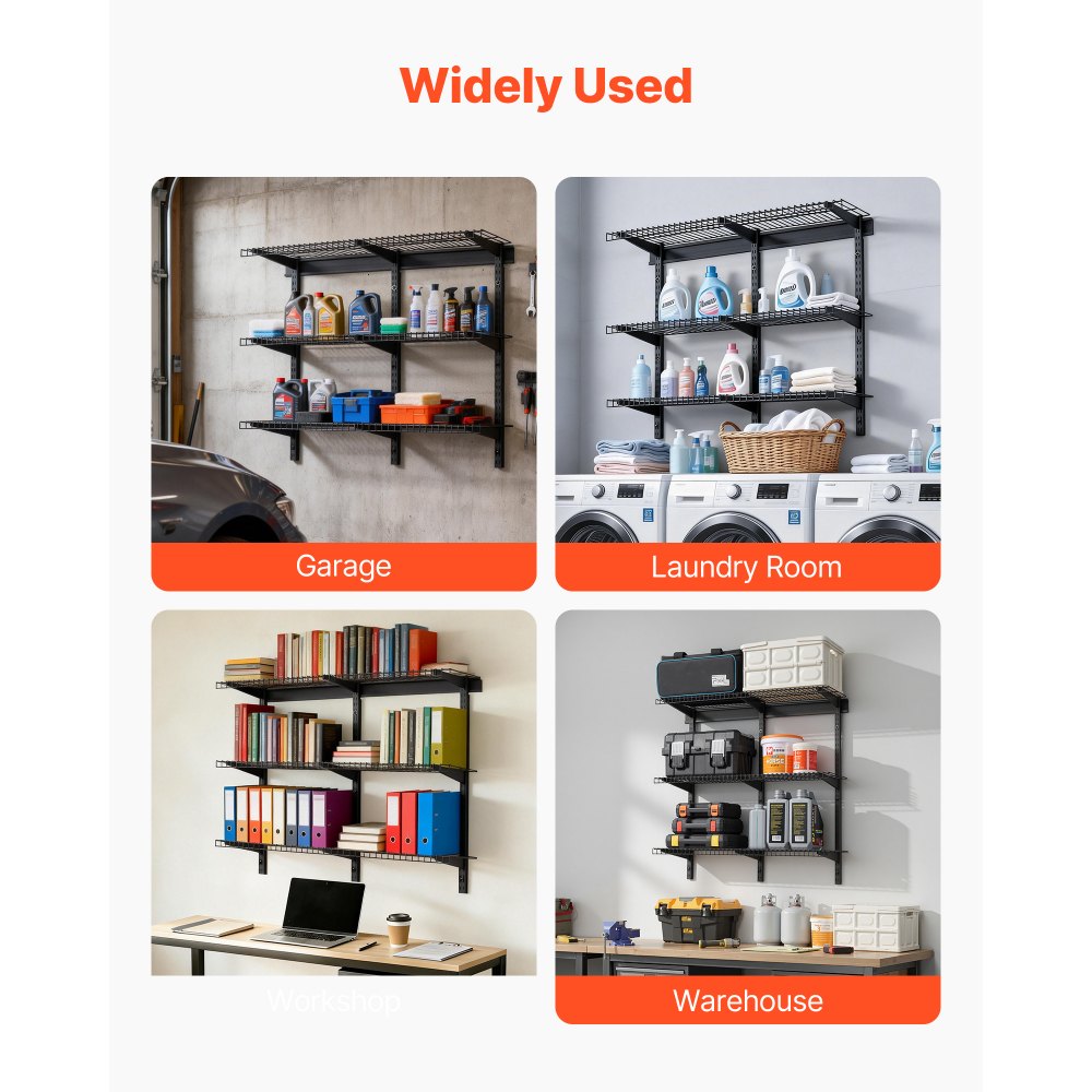 VEVOR 3-Tier Heavy Duty Wall Garage Shelving, 0.9 x 3 ft Steel Wall Mounted Shelving Unit, 11 x 36 Inch Per Shelf Floating Storage Metal Rack for Garage with 450 lbs Total Weight Capacity, Black