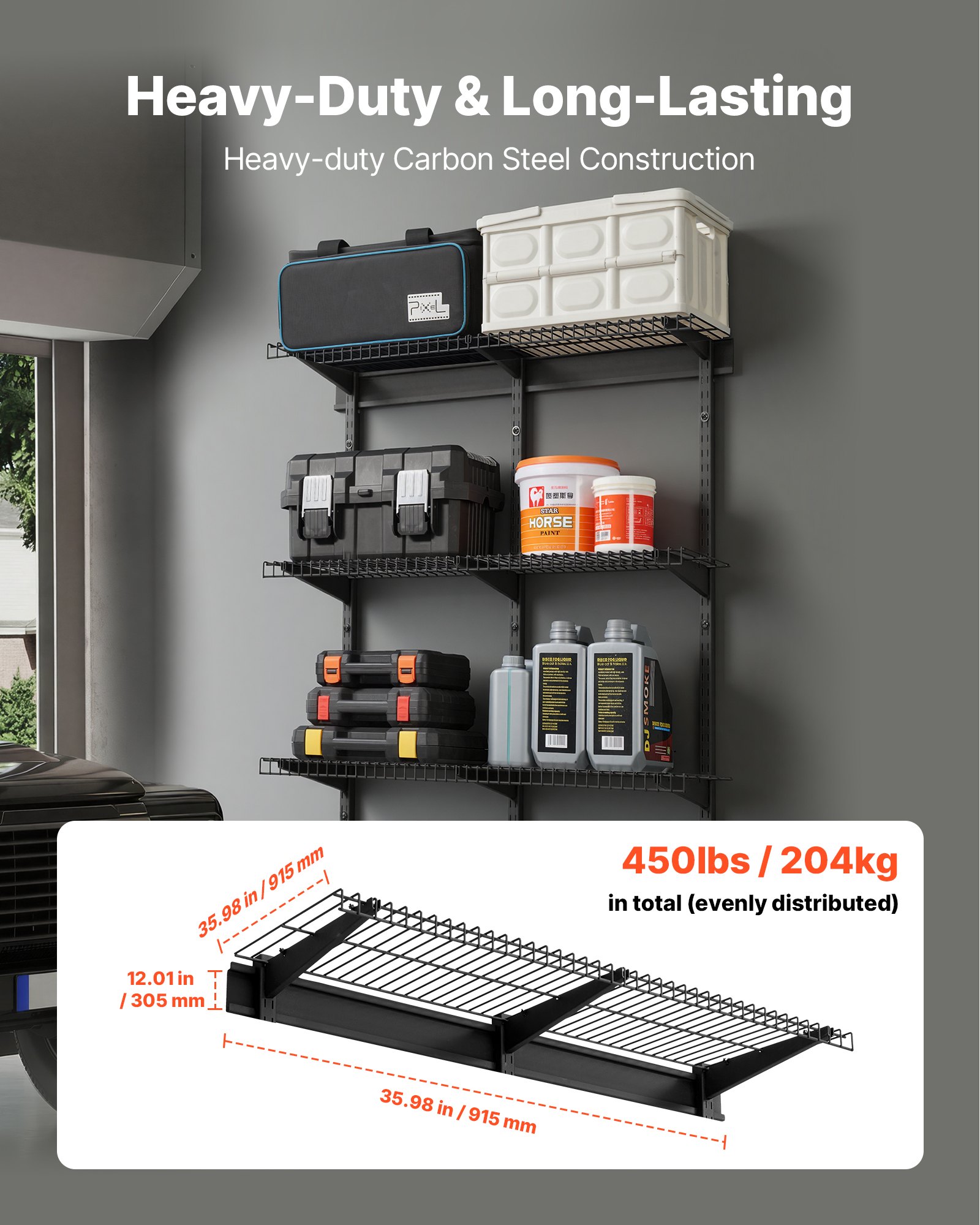 VEVOR 3-Tier Heavy Duty Wall Garage Shelving, 0.9 x 3 ft Steel Wall Mounted Shelving Unit, 11 x 36 Inch Per Shelf Floating Storage Metal Rack for Garage with 450 lbs Total Weight Capacity, Black