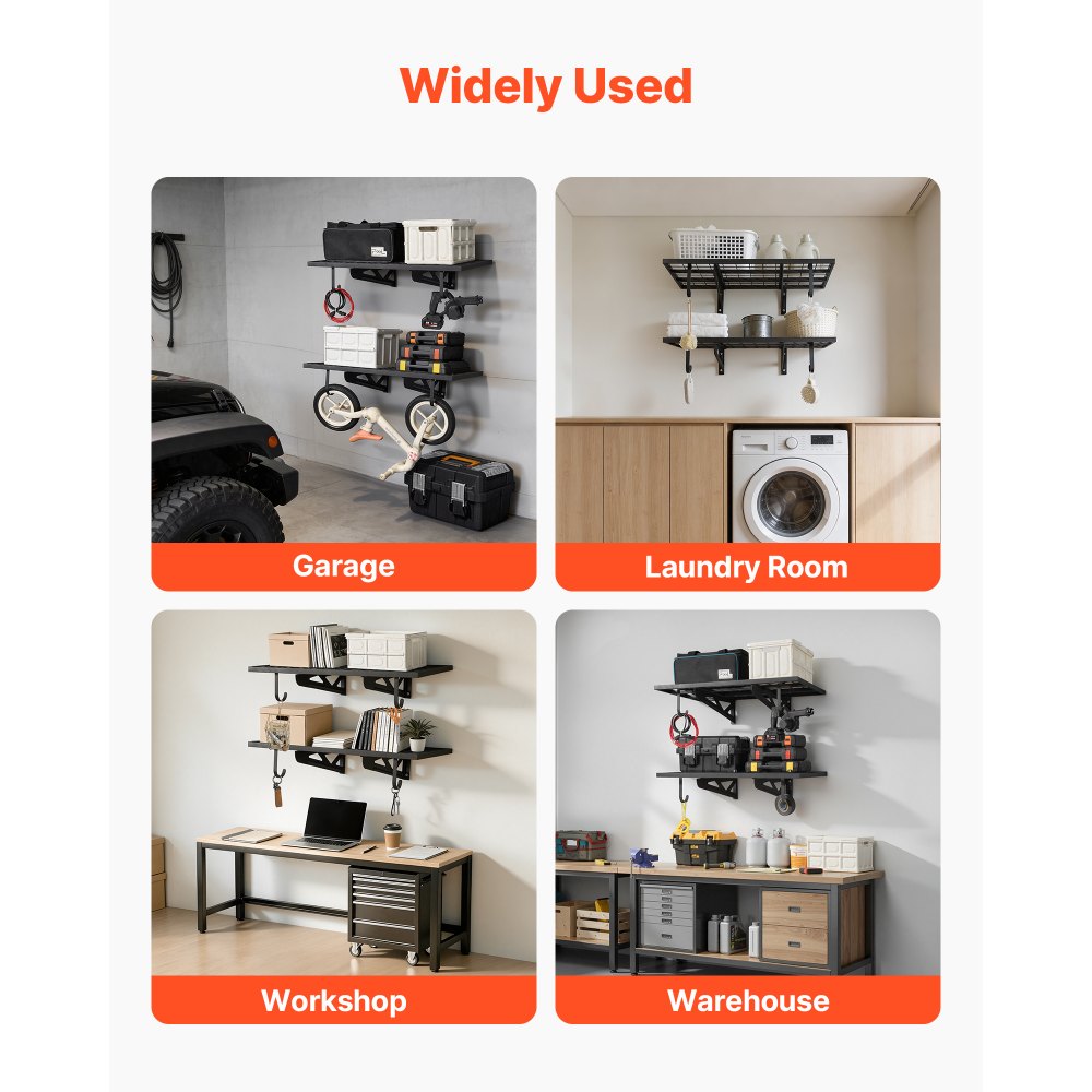 VEVOR 2-Tier Heavy Duty Wall Garage Shelving, 610 x 914 mm Steel Wall Mounted Shelving Unit with Hooks, 610 x 914 mm Per Shelf Floating Storage Metal Rack for Garage, 227 kg Total Weight Capacity