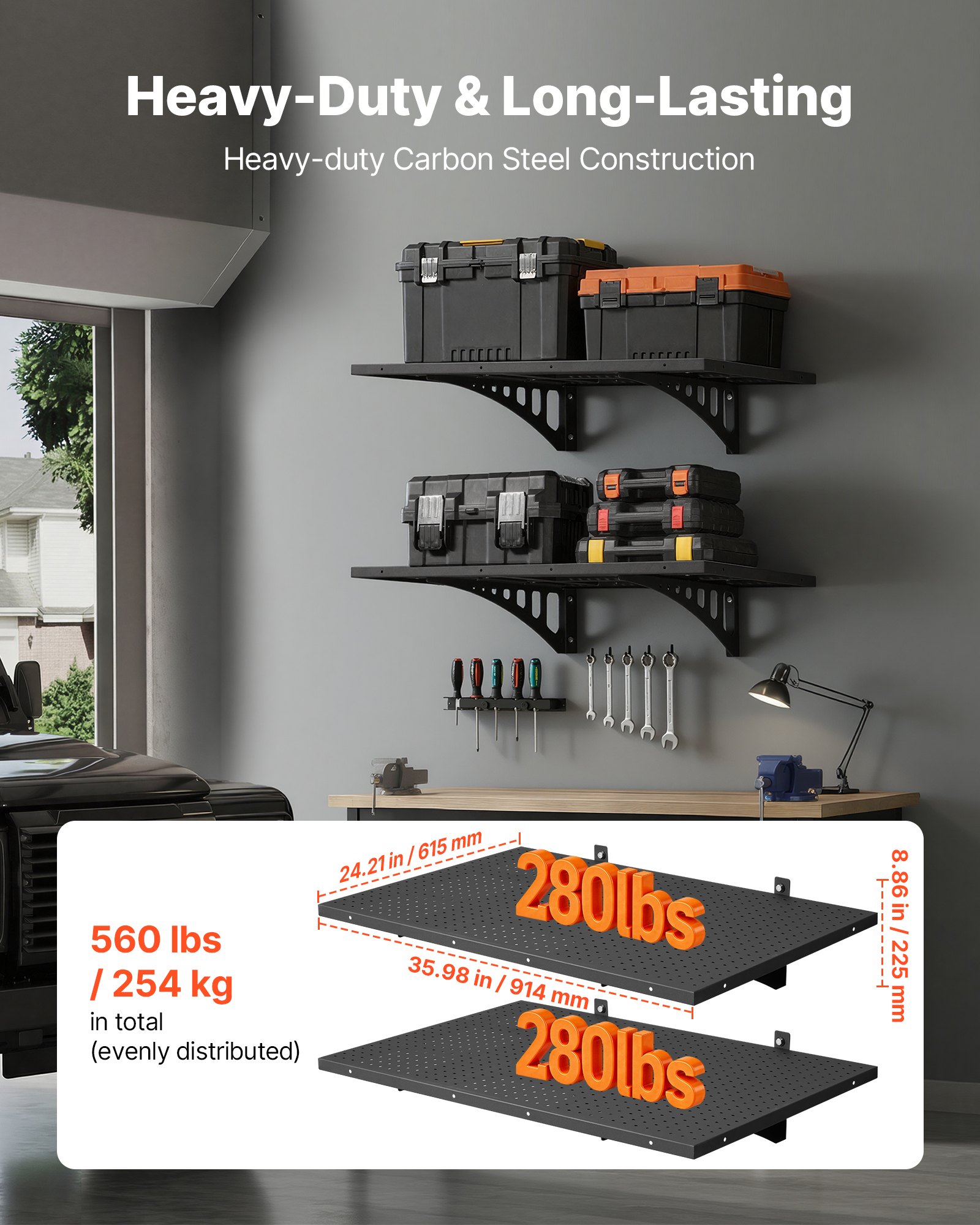 VEVOR 2-Tier Heavy Duty Wall Garage Shelving, 610 x 914 mm Steel Wall Mounted Shelving Unit with Hooks, 610 x 914 mm Per Shelf Floating Storage Metal Rack for Garage, 227 kg Total Weight Capacity