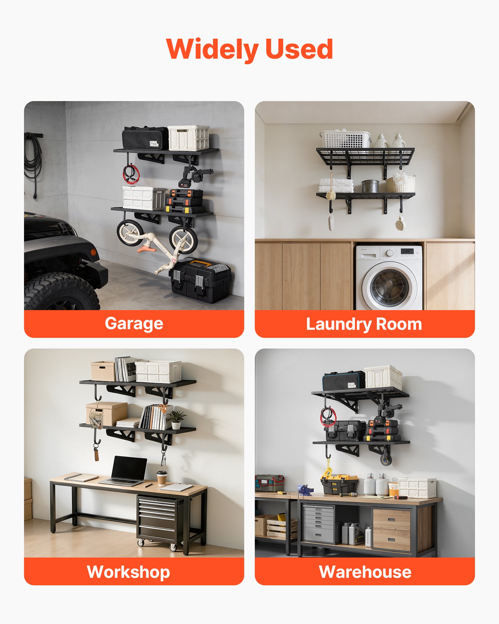 VEVOR 2-Tier Heavy Duty Wall Garage Shelving, 610 x 914 mm Steel Wall Mounted Shelving Unit with Hooks, 610 x 914 mm Per Shelf Floating Storage Metal Rack for Garage, 227 kg Total Weight Capacity