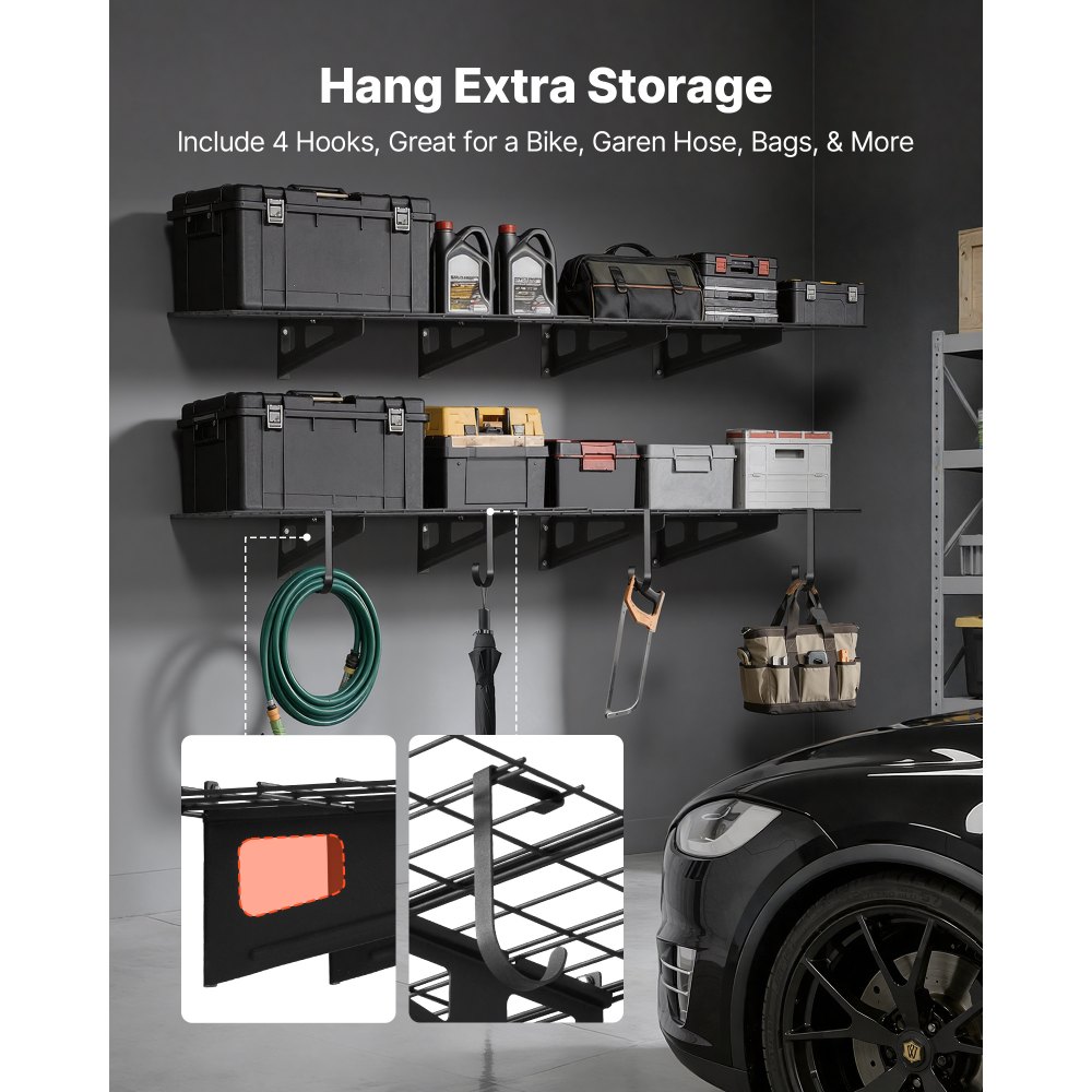 VEVOR 2-Tier Heavy Duty Wall Garage Shelving, 8 Pack 305 x 914 mm Steel Wall Mounted Shelving Unit with Hooks, 610 x 1828 mm Per Shelf Floating Storage Metal Rack, 454 kg Total Weight Capacity, Black