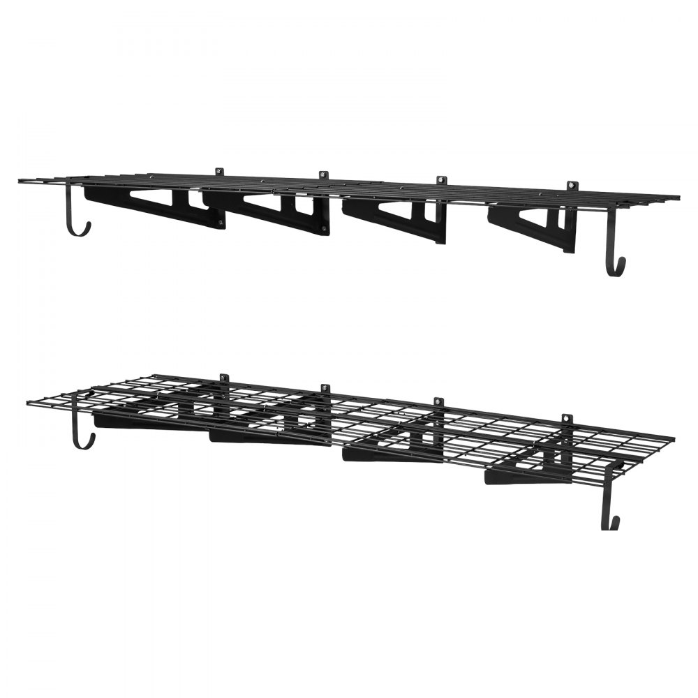 VEVOR 2-Tier Heavy Duty Wall Garage Shelving, 8 Pack 305 x 914 mm Steel Wall Mounted Shelving Unit with Hooks, 610 x 1828 mm Per Shelf Floating Storage Metal Rack, 454 kg Total Weight Capacity, Black