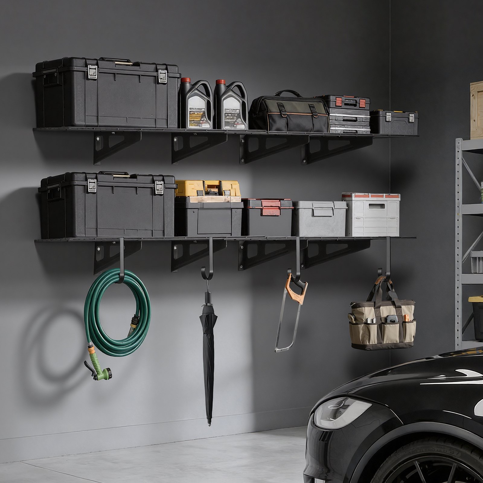 VEVOR 2-Tier Heavy Duty Wall Garage Shelving, 8 Pack 305 x 914 mm Steel Wall Mounted Shelving Unit with Hooks, 610 x 1828 mm Per Shelf Floating Storage Metal Rack, 454 kg Total Weight Capacity, Black