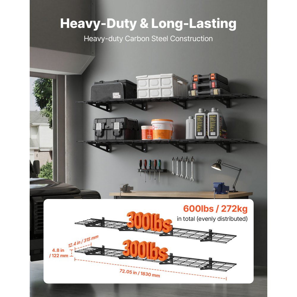 VEVOR 2-Tier Heavy Duty Wall Garage Shelving, 4 Pack 1 x 3 ft Steel Wall Mounted Shelving Unit, 12 x 72 Inch Per Shelf Floating Storage Metal Rack for Garage with 600 lbs Total Weight Capacity, Black