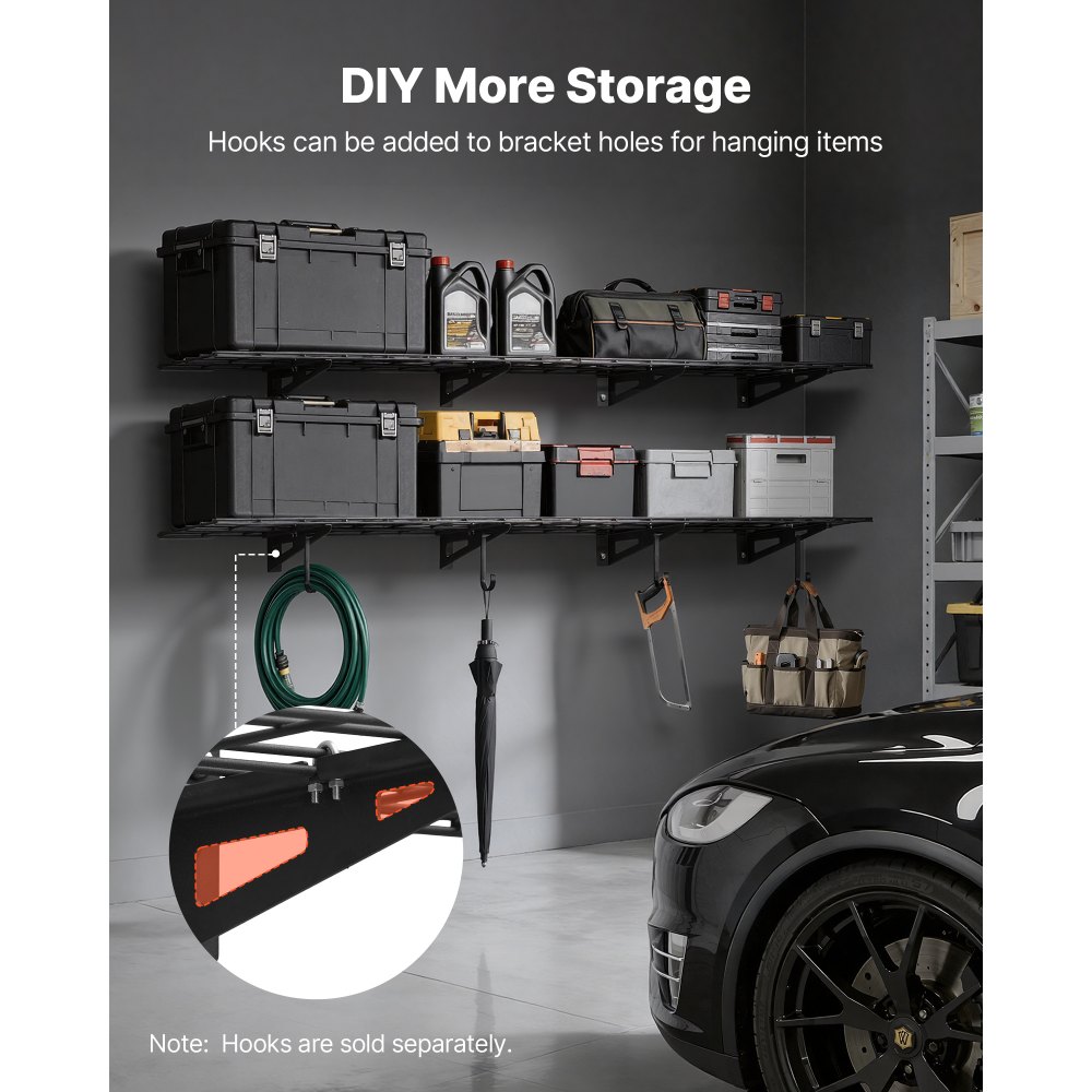 VEVOR 2-Tier Heavy Duty Wall Garage Shelving, 4 Pack 1 x 3 ft Steel Wall Mounted Shelving Unit, 12 x 72 Inch Per Shelf Floating Storage Metal Rack for Garage with 600 lbs Total Weight Capacity, Black