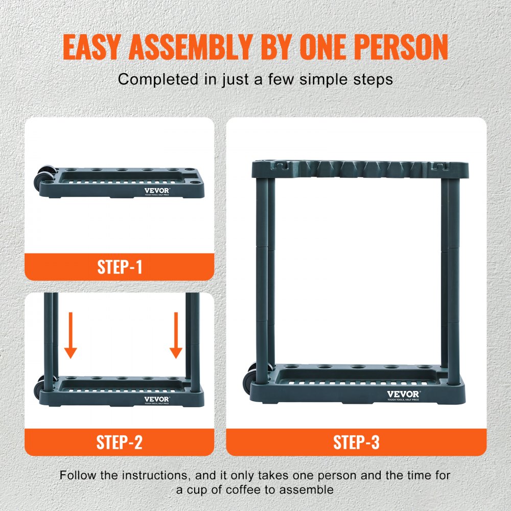 easy assembly of VEVOR garden tool organizer in three steps with visual instructions for one person.