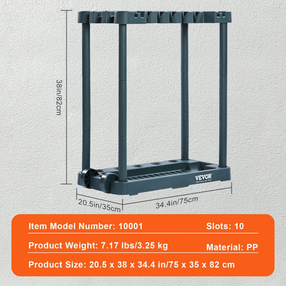 VEVOR garden tool organizer with 10 slots, model number 10001, 20.5 x 38 x 34.4 in, weight 7.17 lbs.
