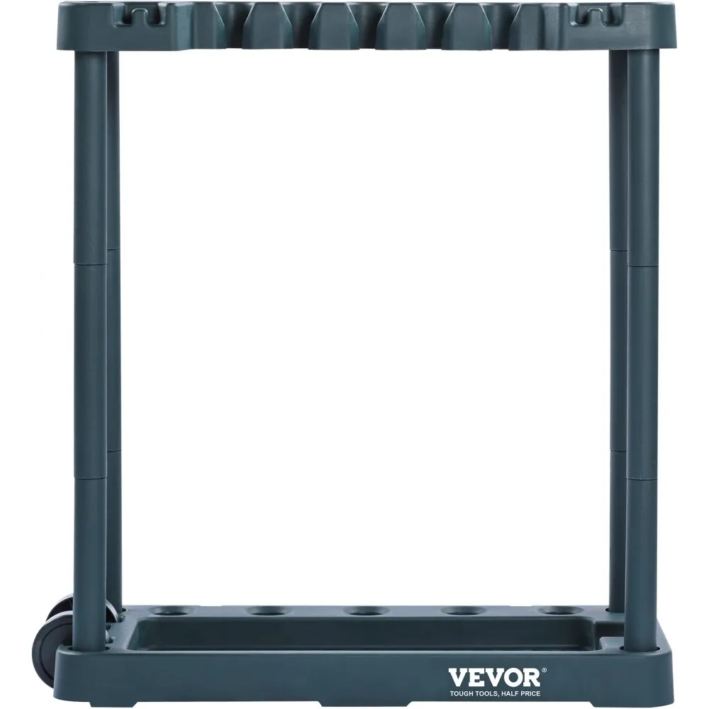 VEVOR garden tool organizer with slots and wheels for easy mobility in dark green plastic.