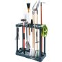 VEVOR garden tool organizer holding various tools including rakes, shovels, hoes, broom, and a green hose.