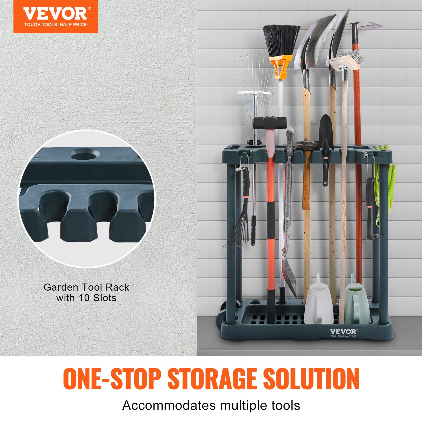 VEVOR garden tool organizer with 10 slots, holding various garden tools, labeled &quot;one-stop storage solution.&quot;