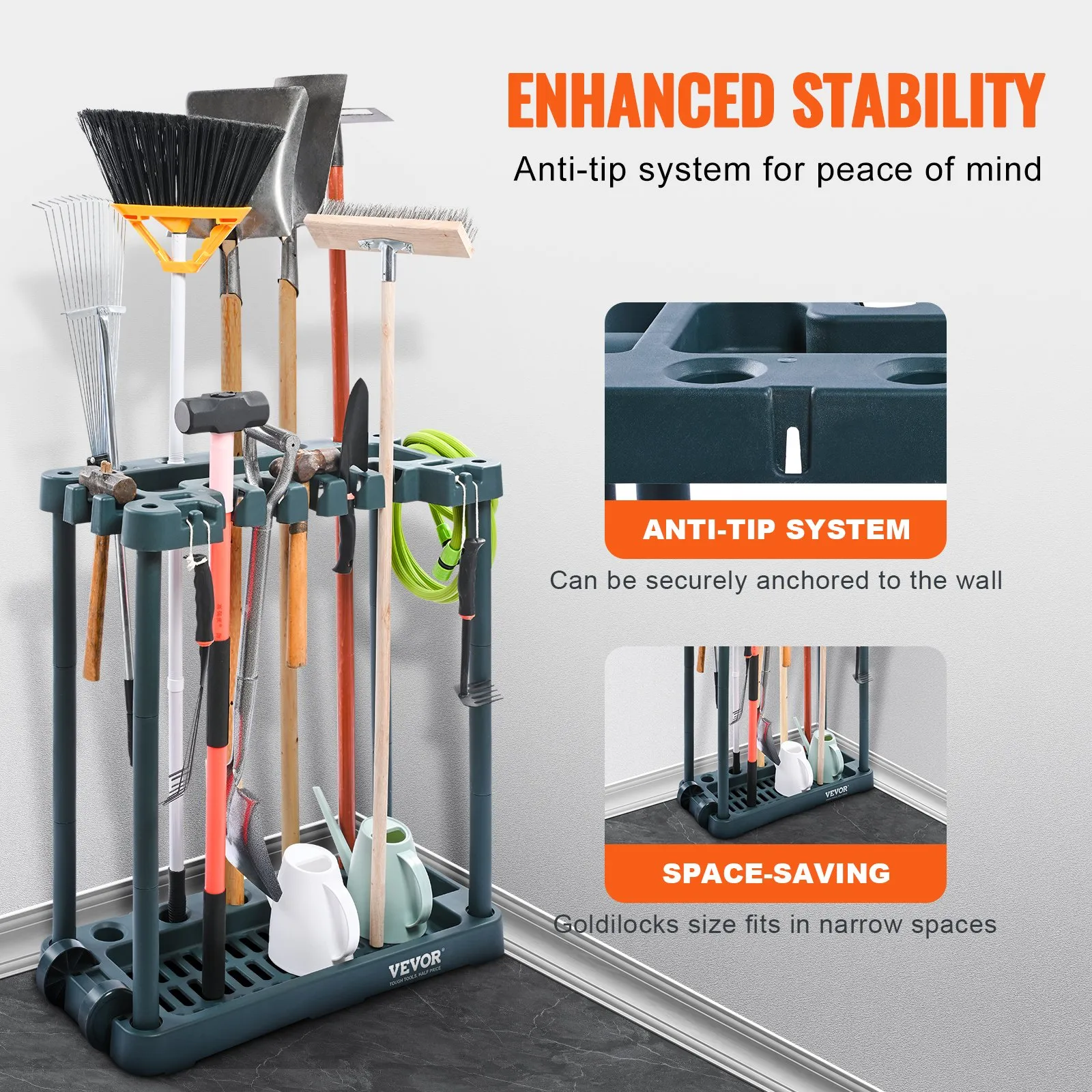 VEVOR garden tool organizer with anti-tip system, holding various tools and accessories, space-saving design.