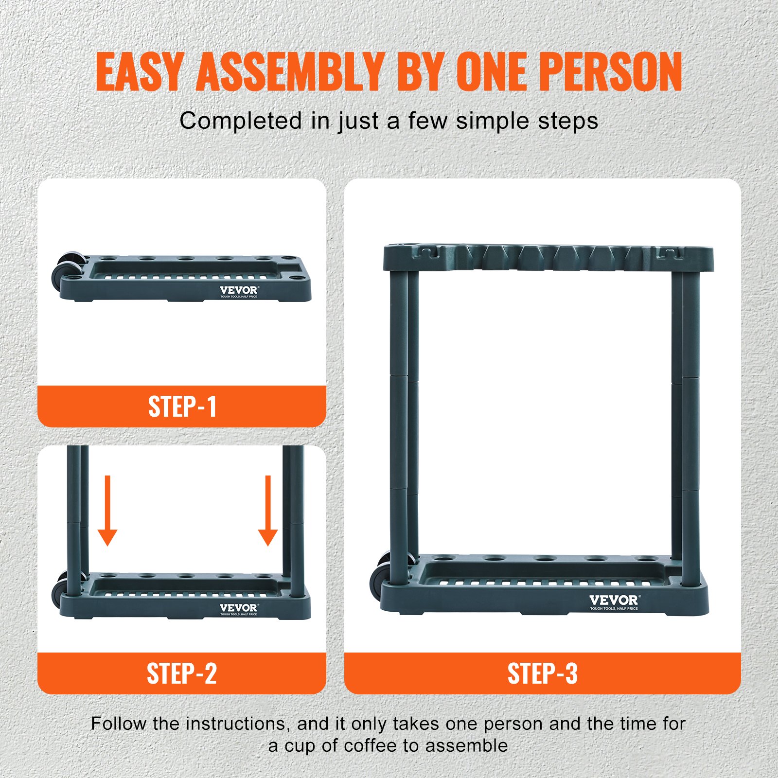 easy assembly of VEVOR garden tool organizer in three steps with visual instructions for one person.