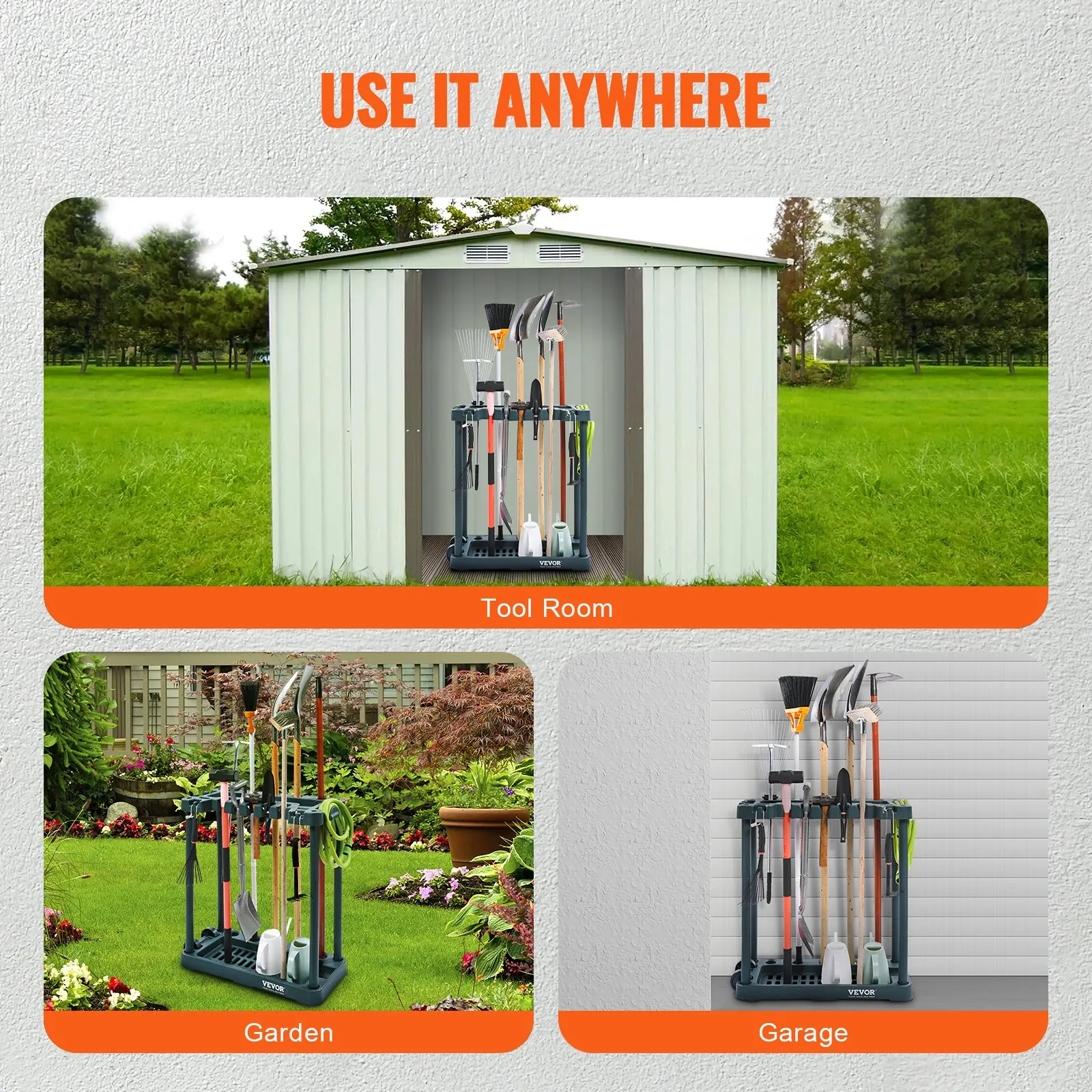 VEVOR garden tool organizer in tool room, garden, and garage setups.