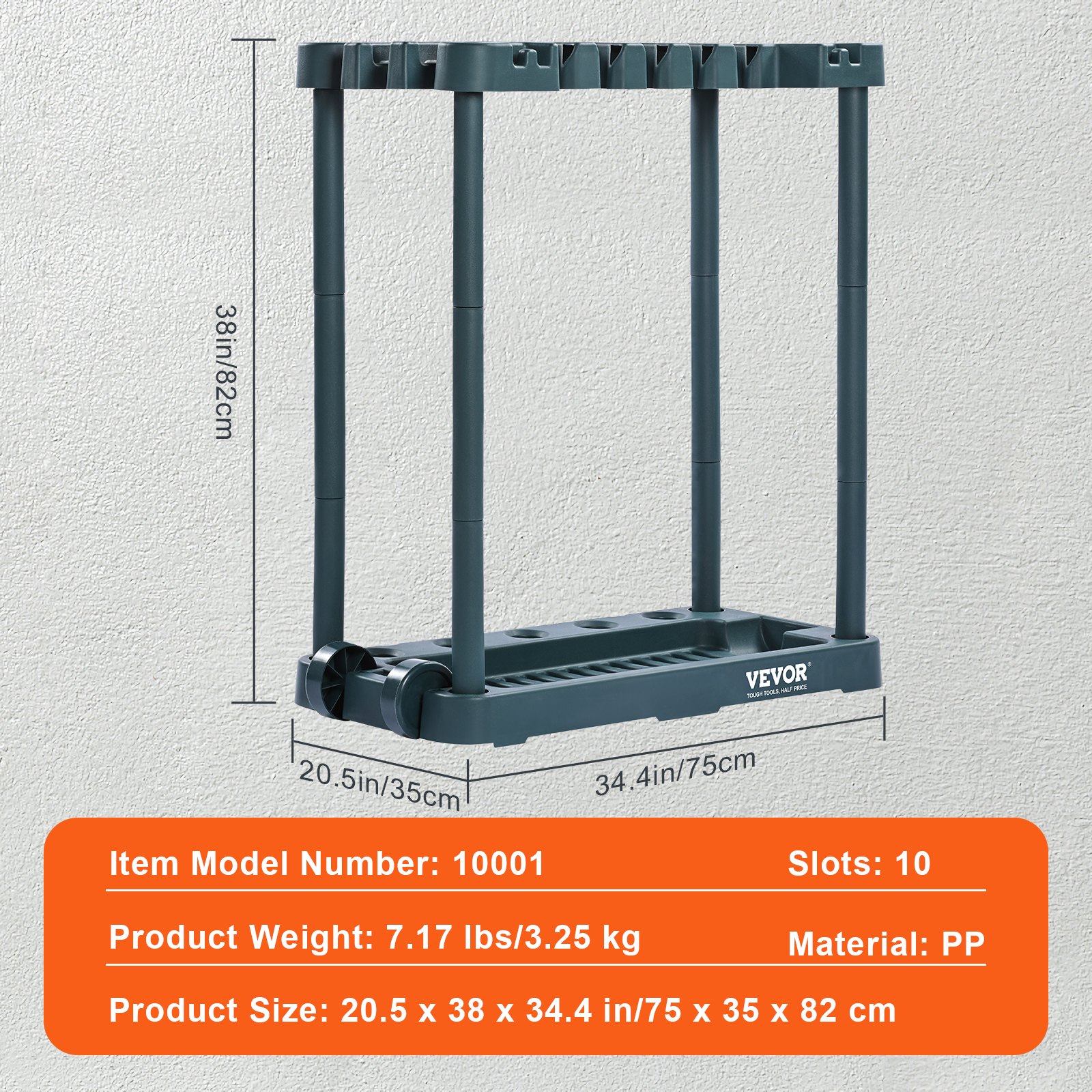 VEVOR garden tool organizer with 10 slots, model number 10001, 20.5 x 38 x 34.4 in, weight 7.17 lbs.