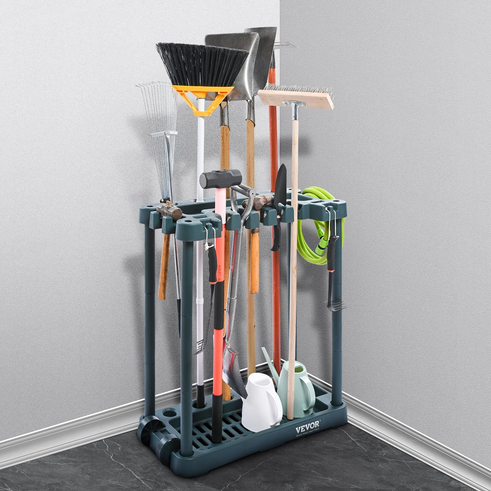 VEVOR garden tool organizer holding various gardening tools, including shovels, rakes, and watering cans.