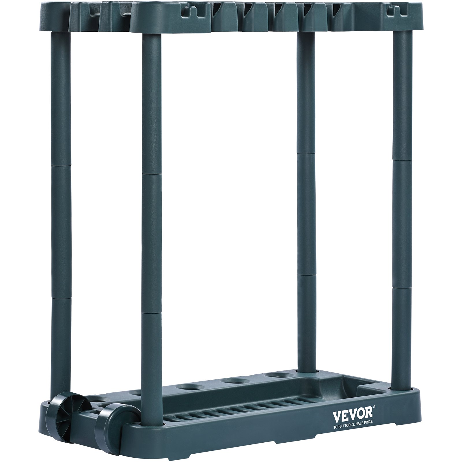 VEVOR garden tool organizer, sturdy dark green frame with multiple slots for tools and a base tray.