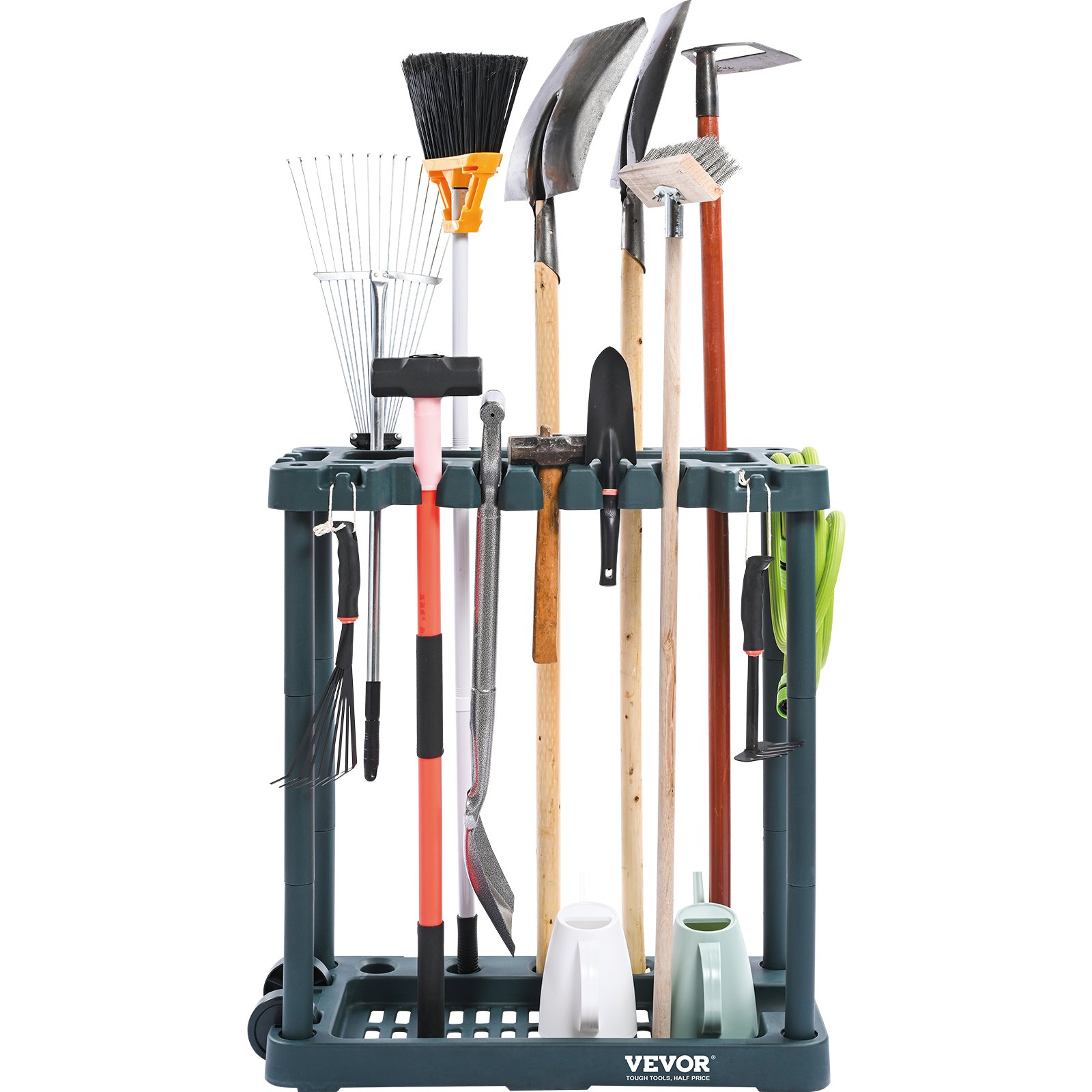 VEVOR garden tool organizer holding various garden tools like shovels, rakes, gloves, and watering cans.