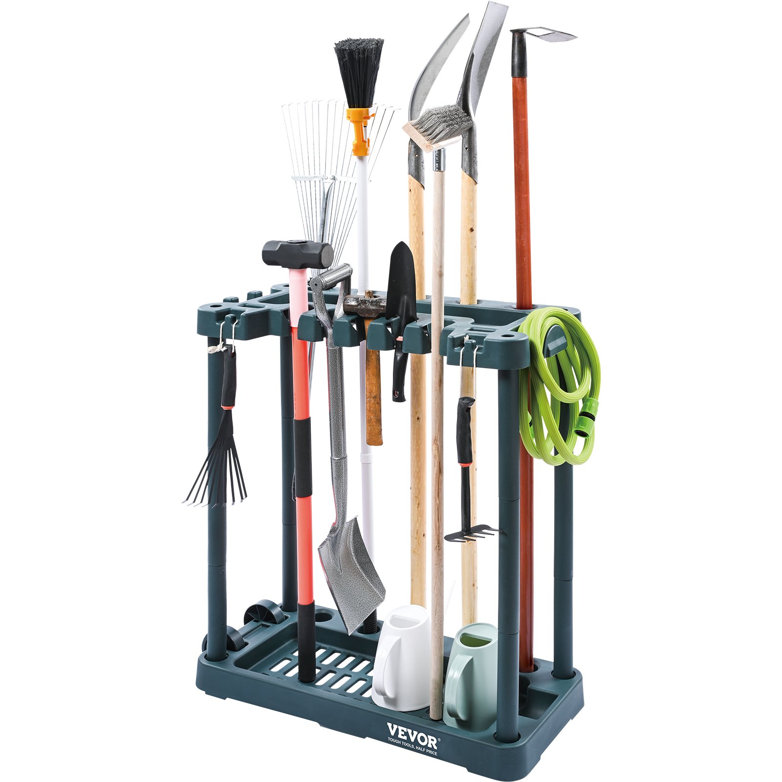 VEVOR garden tool organizer holding various tools including rakes, shovels, hoes, broom, and a green hose.