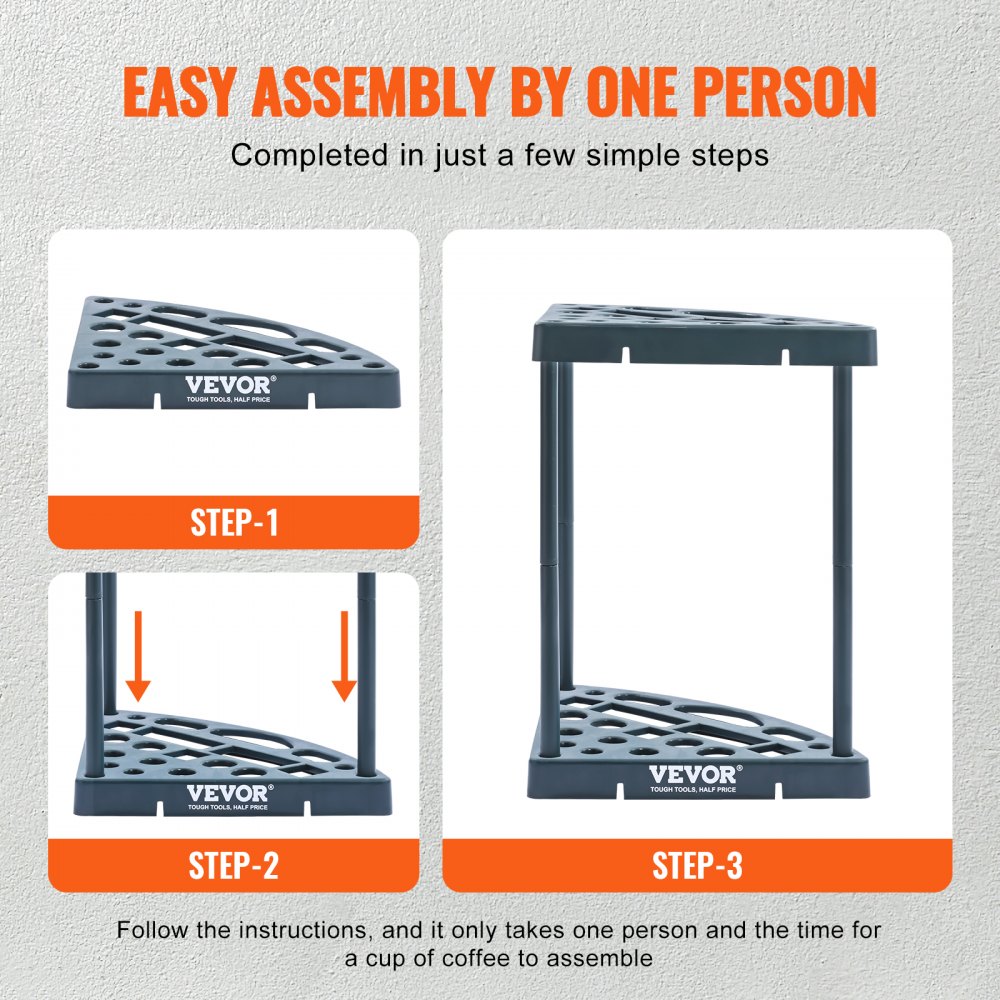 easy assembly of VEVOR garden tool organizer in 3 steps: attach base, insert poles, secure top.