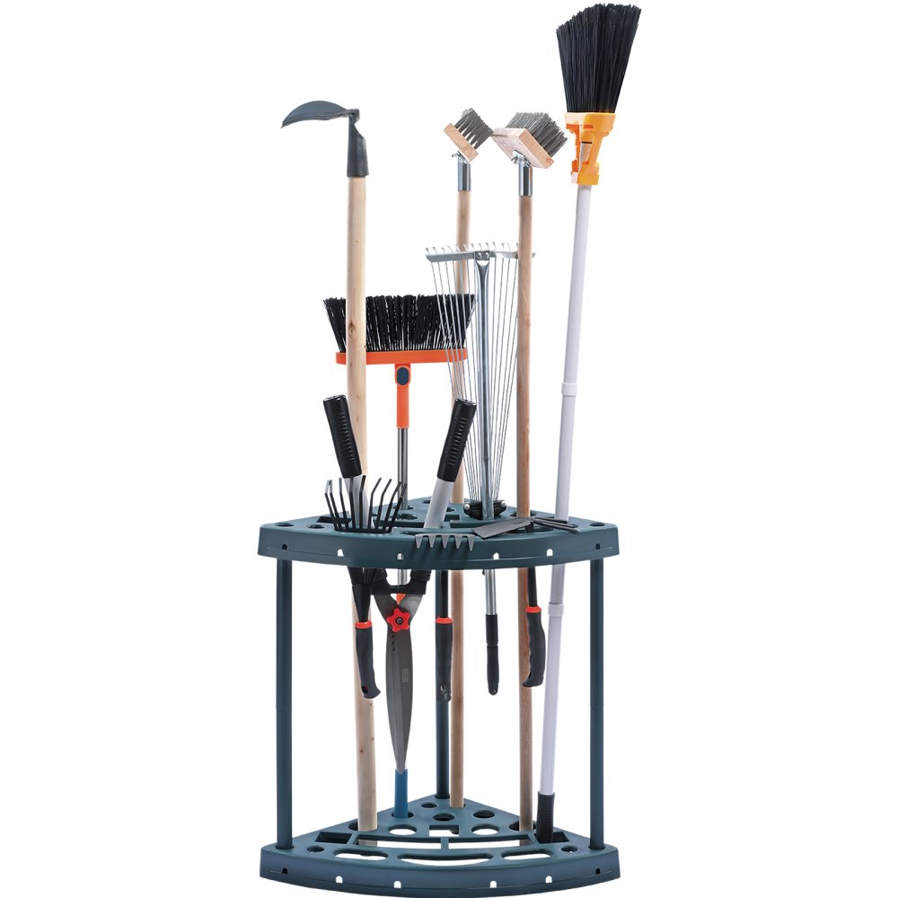 VEVOR garden tool organizer holding various garden tools including brooms, rakes, and clippers.