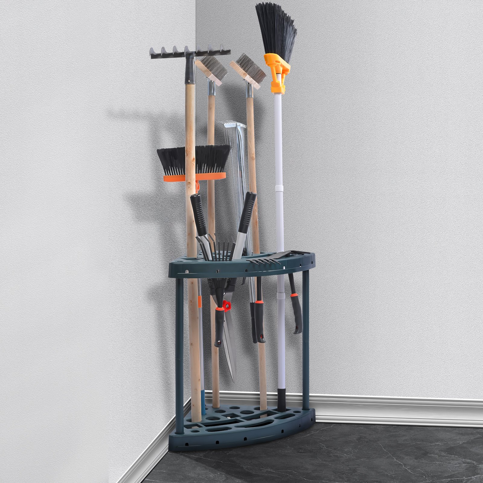 VEVOR garden tool organizer holding rakes, brooms, and other gardening tools neatly in a corner.