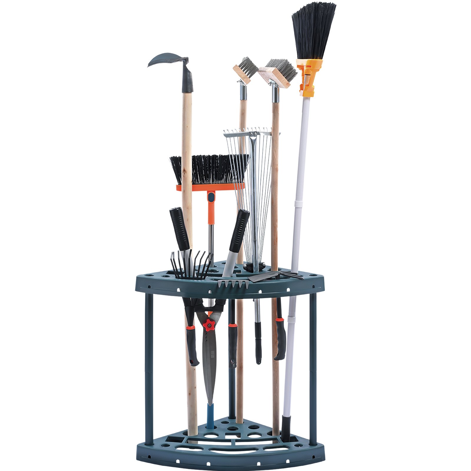 VEVOR garden tool organizer holding various garden tools including brooms, rakes, and clippers.