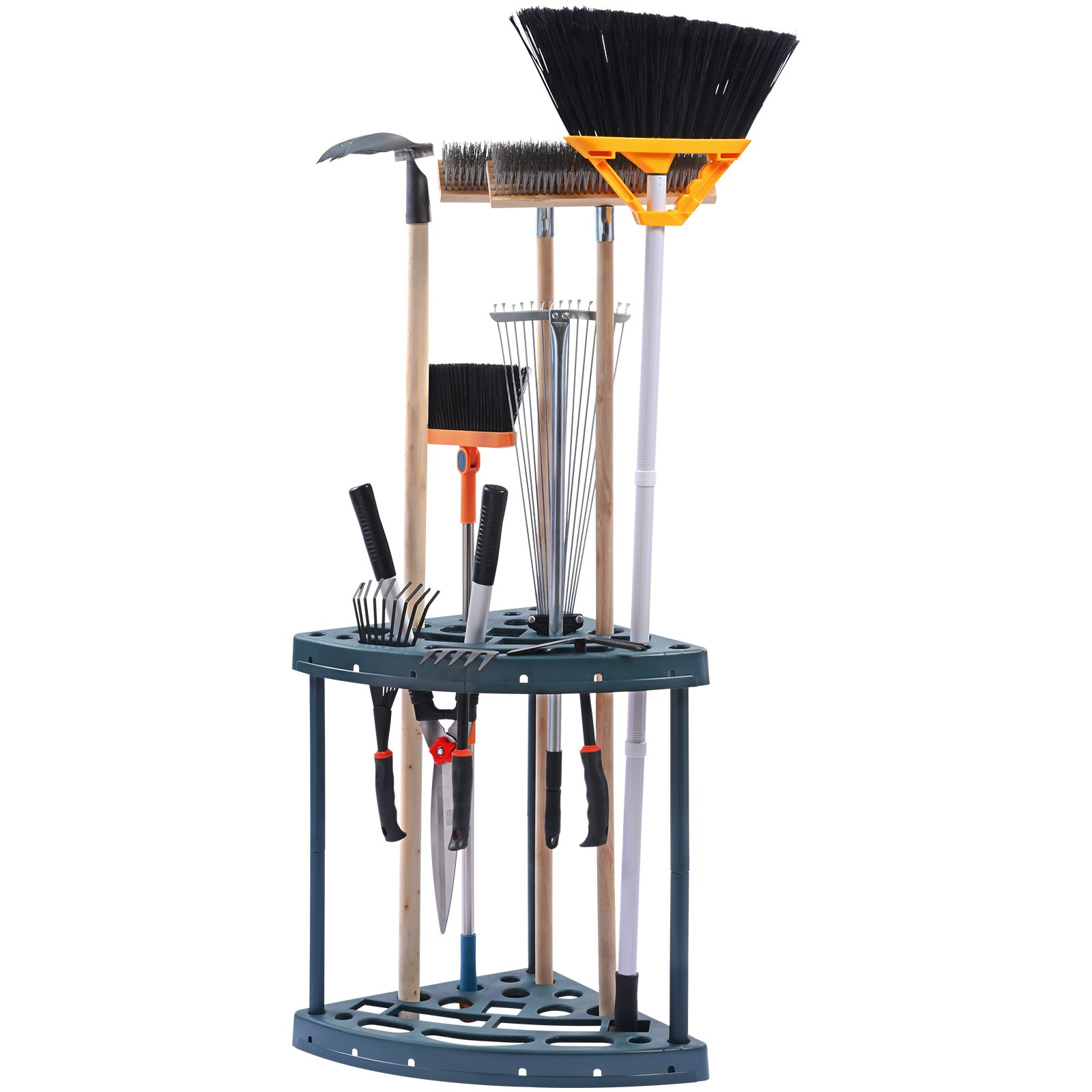 VEVOR garden tool organizer with various gardening tools, including rakes, shovels, and brooms.