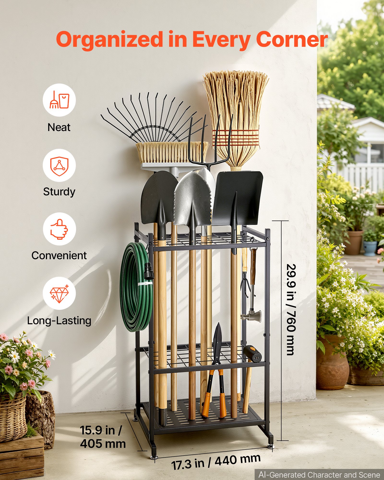 VEVOR Garden Tool Organizer, 35 Slots with Hooks, Metal Garage Storage Rack, for Rakes/Shovels/Brooms, Yard Utility Tool Holder for Shed/Outdoor/Lawn Organization, Heavy-Duty Steel, Freestanding,Black