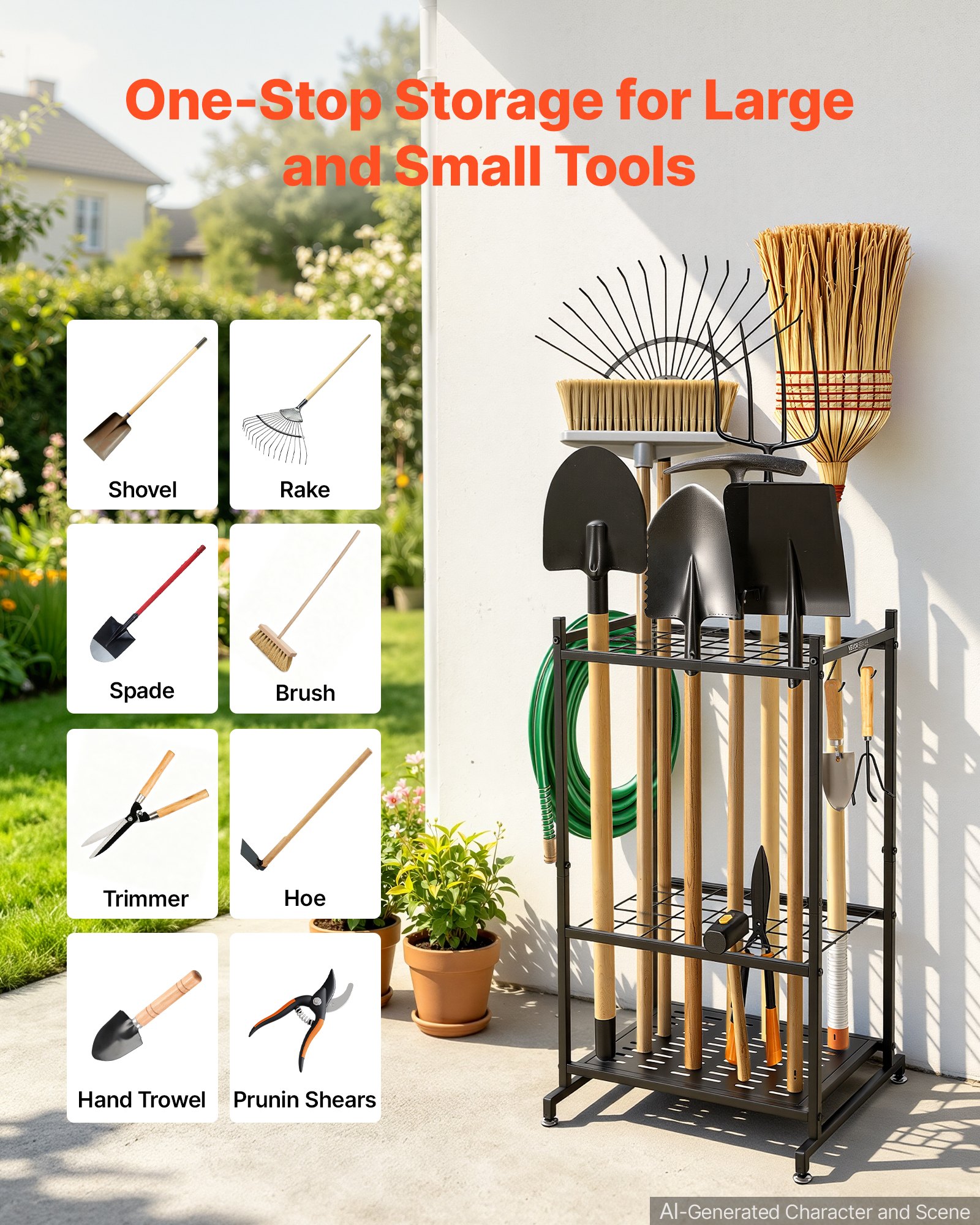 VEVOR Garden Tool Organizer, 35 Slots with Hooks, Metal Garage Storage Rack, for Rakes/Shovels/Brooms, Yard Utility Tool Holder for Shed/Outdoor/Lawn Organization, Heavy-Duty Steel, Freestanding,Black