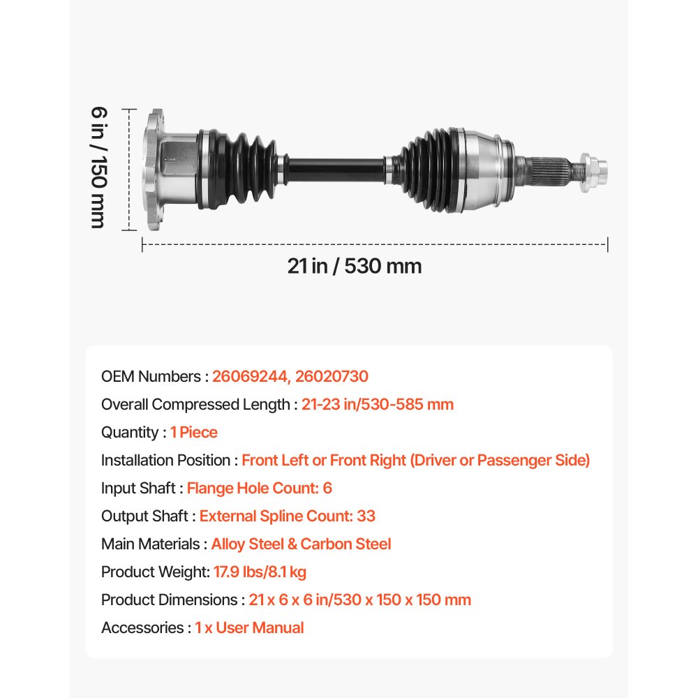 Conjunto de eje de transmisión CV VEVOR, delantero izquierdo o derecho (lado del conductor o del pasajero), junta homocinética de repuesto compatible con Chevrolet Silverado 1500 (1999-2006), acero aleado y acero al carbono