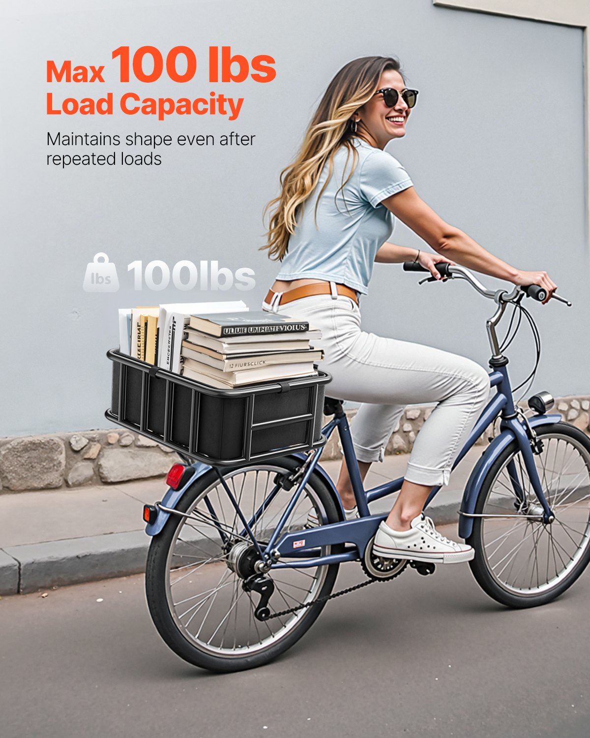 VEVOR Rear Bike Basket, Medium Bicycle Basket with Cargo Net, Liner & Waterproof Cover, Heavy Duty Bike Back Basket for Adult Women/Men Carrying Dogs, Pets, Fruit & Grocery, Mounting Tools Included