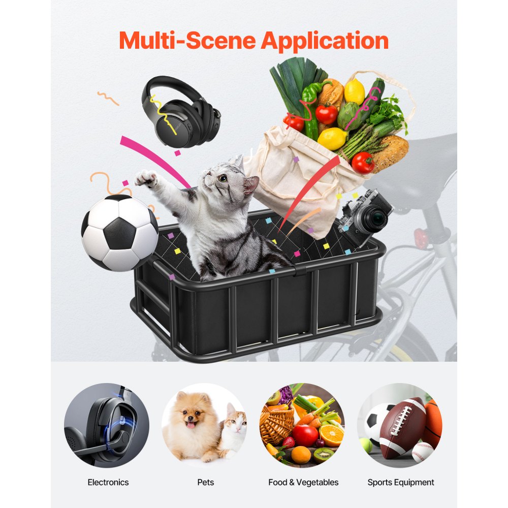 VEVOR Rear Bike Basket, Large Bicycle Basket with Cargo Net, Liner & Waterproof Cover, Heavy Duty Bike Back Basket for Adult Women/Men Carrying Dogs, Pets, Fruit & Grocery, Mounting Tools Included