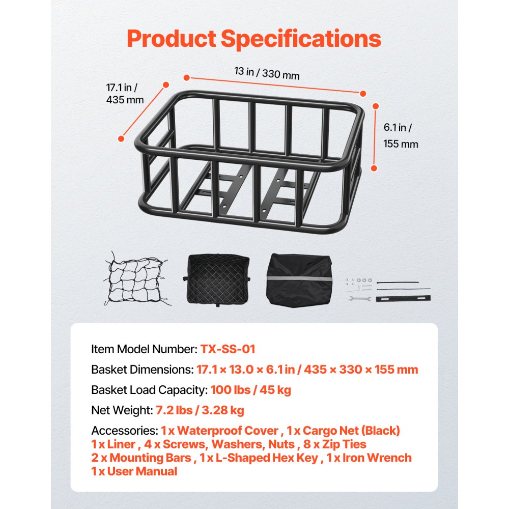 VEVOR Rear Bike Basket, Large Bicycle Basket with Cargo Net, Liner & Waterproof Cover, Heavy Duty Bike Back Basket for Adult Women/Men Carrying Dogs, Pets, Fruit & Grocery, Mounting Tools Included