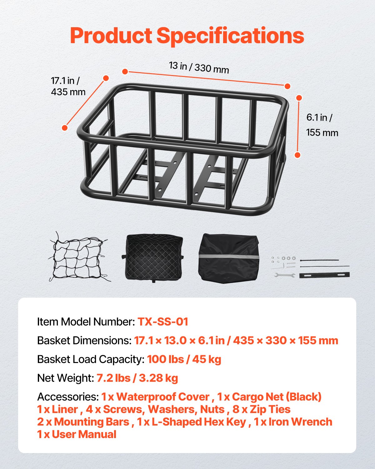 VEVOR Rear Bike Basket, Large Bicycle Basket with Cargo Net, Liner & Waterproof Cover, Heavy Duty Bike Back Basket for Adult Women/Men Carrying Dogs, Pets, Fruit & Grocery, Mounting Tools Included