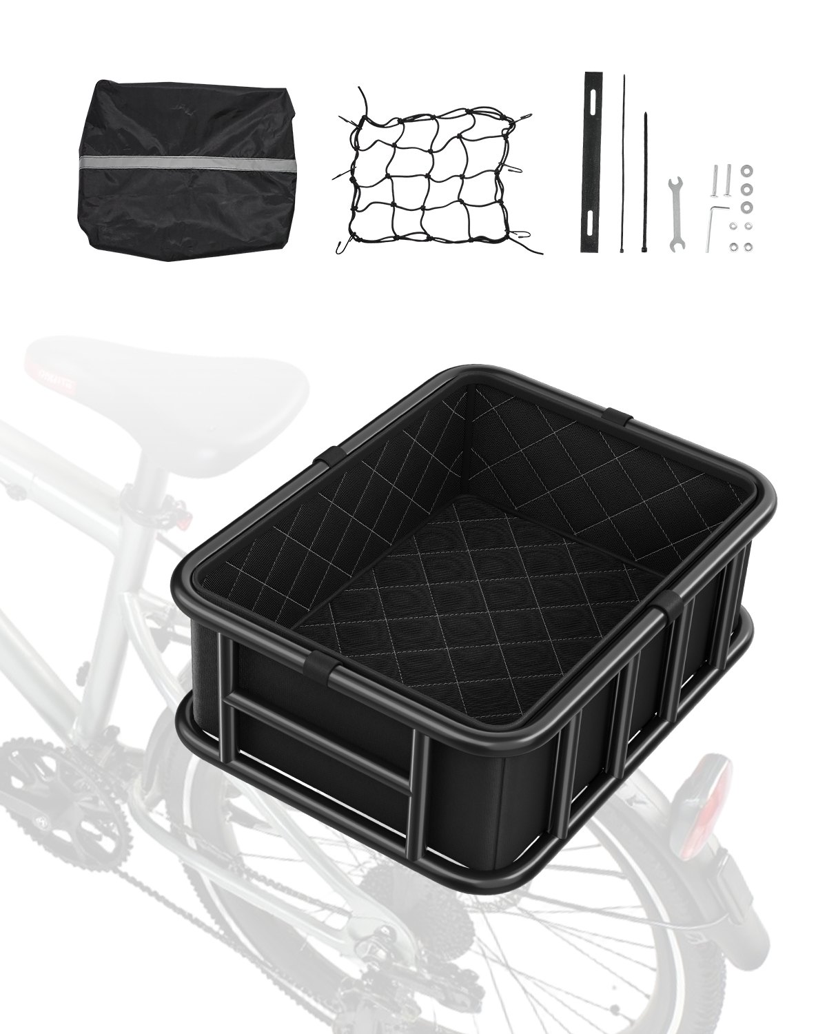 VEVOR Rear Bike Basket, Large Bicycle Basket with Cargo Net, Liner & Waterproof Cover, Heavy Duty Bike Back Basket for Adult Women/Men Carrying Dogs, Pets, Fruit & Grocery, Mounting Tools Included