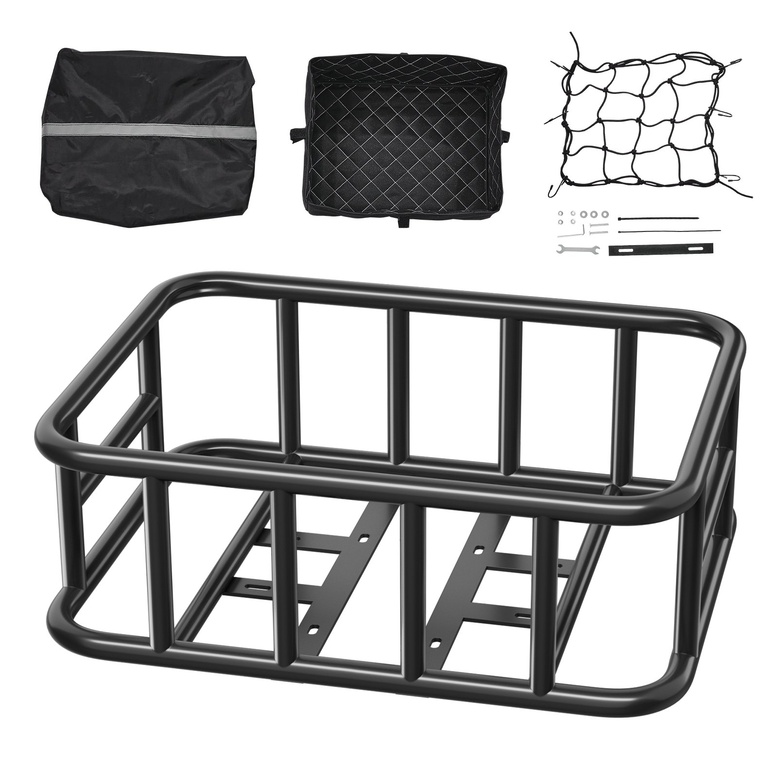 VEVOR Rear Bike Basket, Large Bicycle Basket with Cargo Net, Liner & Waterproof Cover, Heavy Duty Bike Back Basket for Adult Women/Men Carrying Dogs, Pets, Fruit & Grocery, Mounting Tools Included